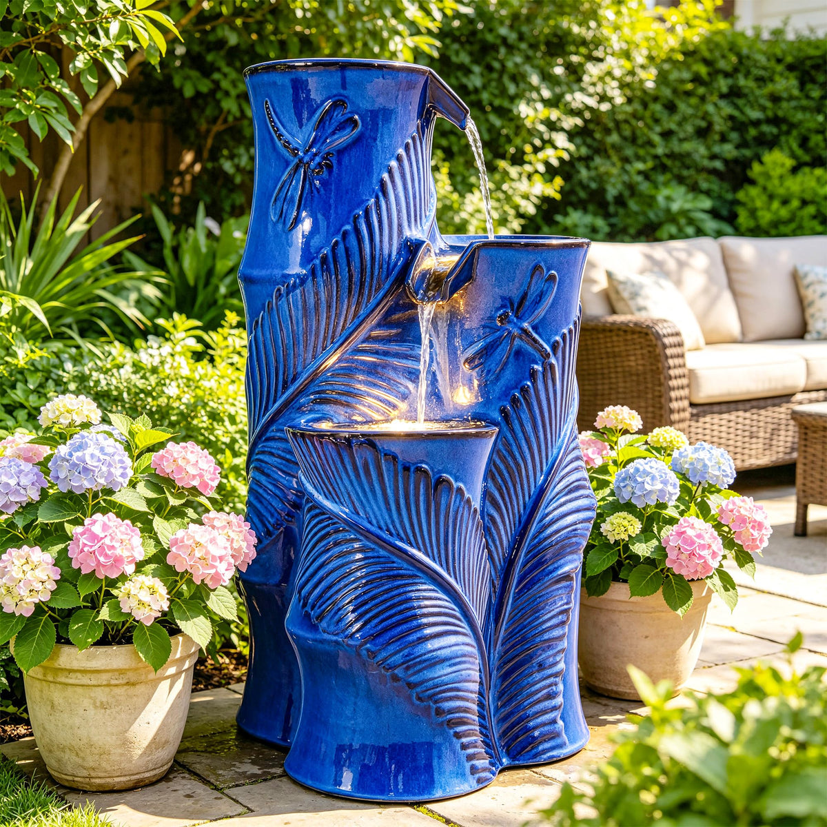 Autodaya 25" Tropical Outdoor Fountain (25.5"h Bamboo-style Cobalt Blue)