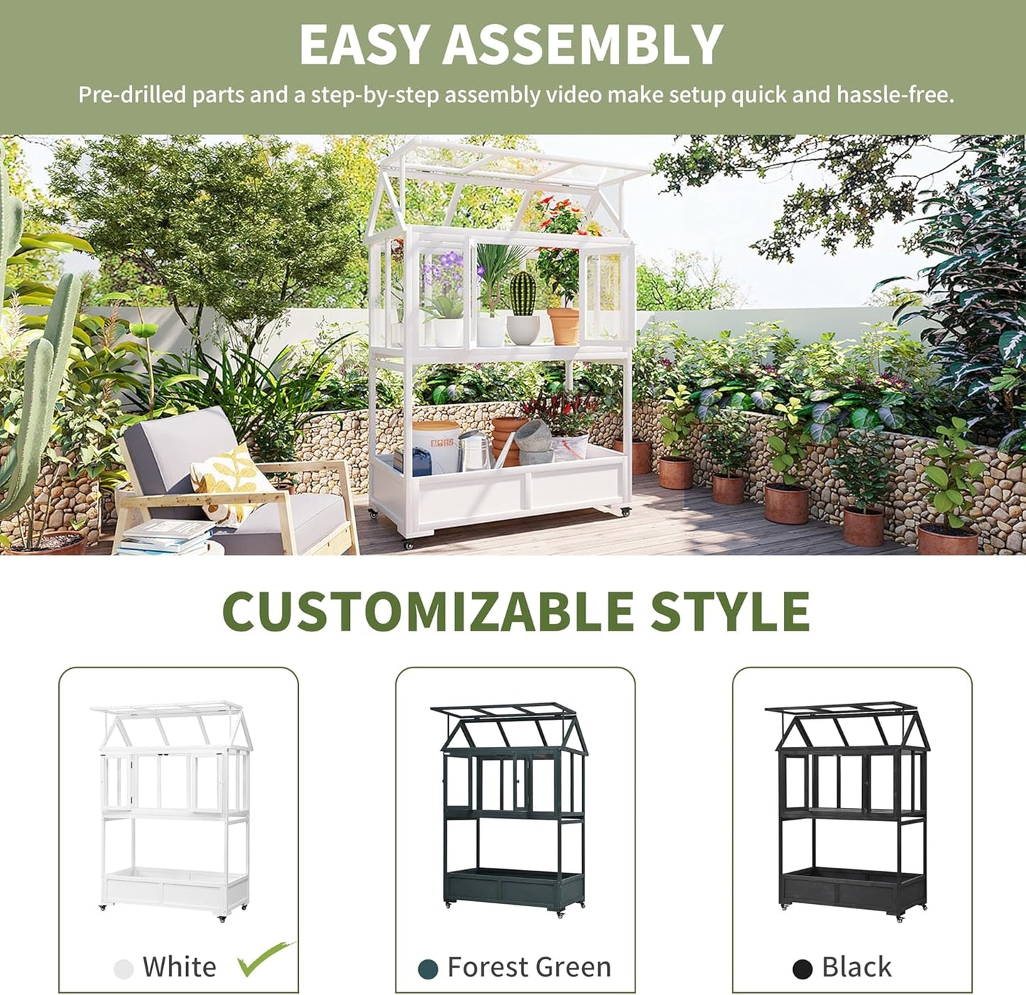 Garden Wood Portable Cold Frame - Mini Greenhouse with Wheels, Open Roof & Storage (White + Beige + Beige)