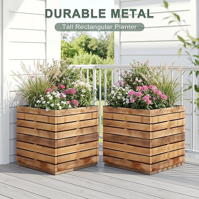 Metal Planter Box for Outdoor Plants, Black Rectangular Planters for Porch with Drainage Holes, All-Weather Use, Rust-Resistance (17" L x 17" W x 18" H, Walnut Wood Grain)