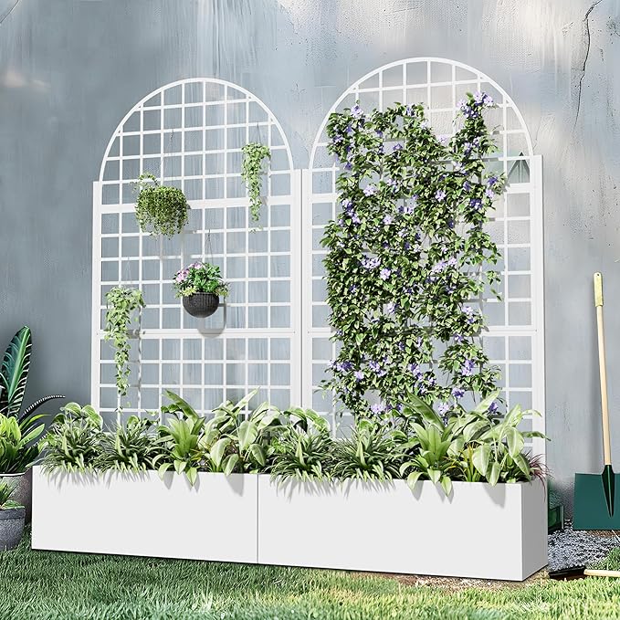 Casaphoria Metal Raised Garden Bed with Trellis and Wheels, 72"x35"x16" Arched Planter Box for Climbing Plants, Vegetables & Vines, Features Drainage Holes and Privacy Screen, White-Grid