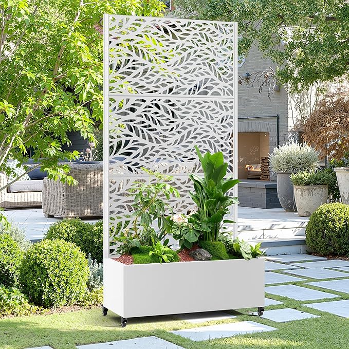 15.7"×70.9"×35.4" Metal Raised Garden Bed with Trellis and Wheels - Tall Trellis Planter Box for Climbing Plants, Vegetables & Vines - Outdoor Privacy Planters for Patio (White-Spring)
