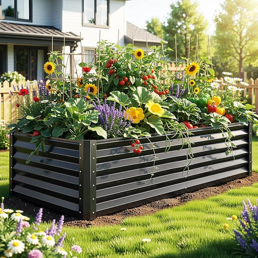 YITAHOME 6x3x1.5 ft Galvanized Raised Garden Bed Kit, Large Metal Planter Box with Gloves & Support Rod, Outdoor Flower Bed for Plants Vegetables, Black
