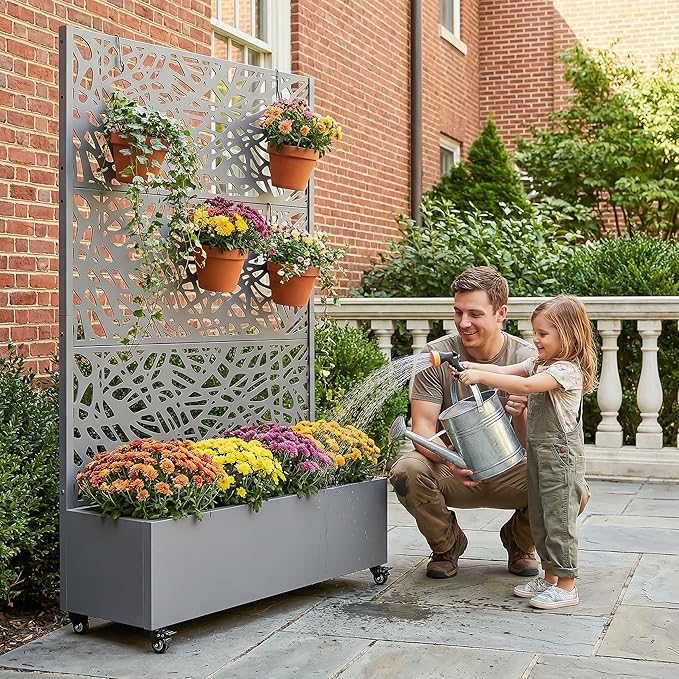 Casaphoria Metal Raised Garden Bed with Trellis and Wheels, 72"x47"x16" Planter Box for Climbing Plants, Vegetables & Vines, Features Drainage Holes and Privacy Screen, Grey-Net