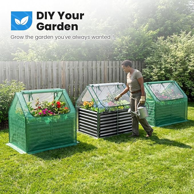 Quictent 4x3x2ft Galvanized Raised Garden Bed with Cover Metal Planter Box Kit, w/ 2 Large Screen Windows Mini Greenhouse 20pcs T Tags 1 Pair of Gloves Included Outdoor Growing Vegetables (Green)