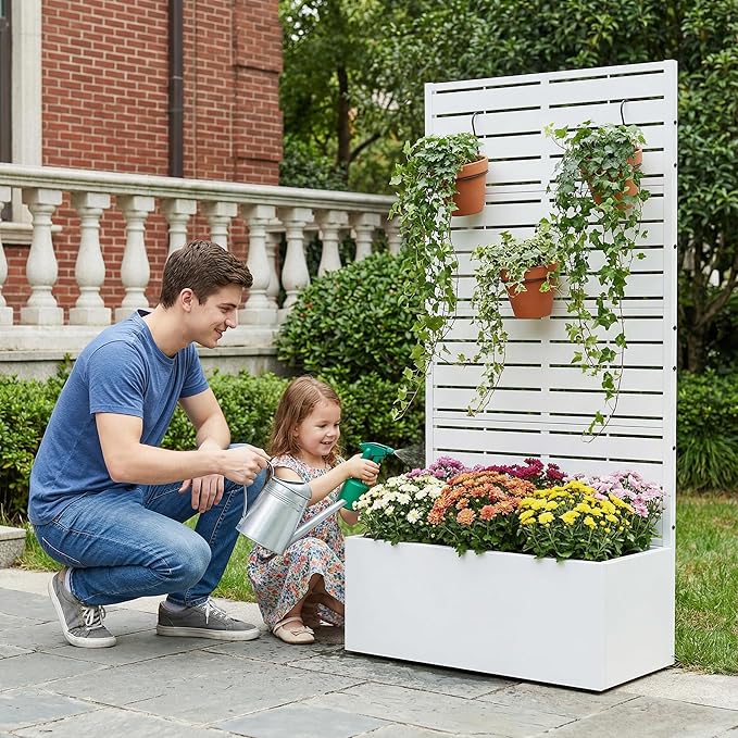 Casaphoria Metal Raised Garden Bed with Trellis, 59"x30"x12" Planter Box for Climbing Plants, Vegetables & Vines, Features Drainage Holes and Privacy Screen (Black-Louvered)