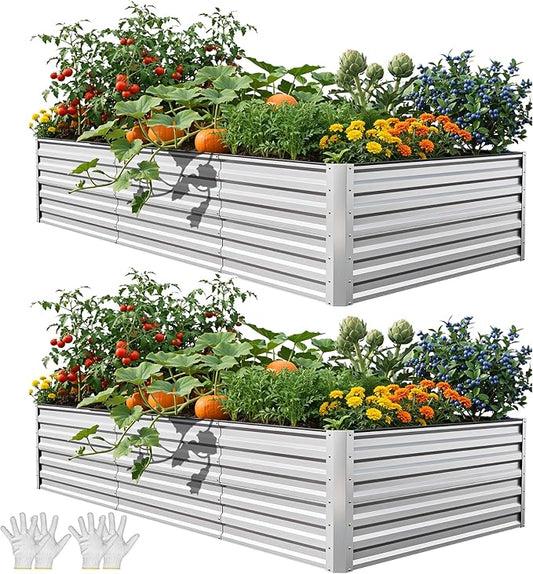 YITAHOME 8x4x2ft 2pcs Large Raised Garden Bed Kit, Galvanized Metal Planter Box with Gloves, Ground Nails & Safety Rubber, Outdoor Above Ground Planters for Plants Vegetables Flowers, Silver