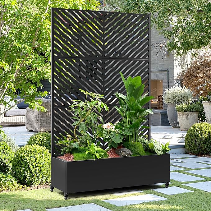 15.7"×70.9"×47.2" Metal Raised Garden Bed with Trellis and Wheels - Tall Trellis Planter Box for Climbing Plants, Vegetables & Vines - Outdoor Privacy Planters for Patio (Black-Parallel)