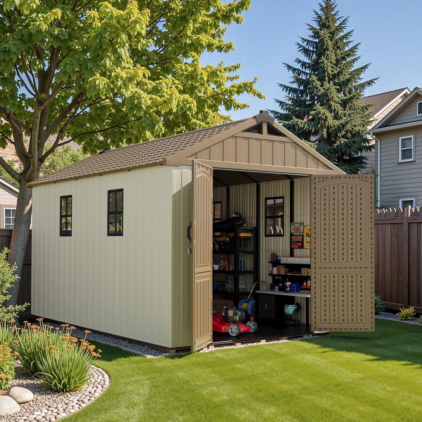 Patiowell 8 x 12 FT Plastic Outdoor Storage Shed with Floor, Resin Shed with Window and Lockable Door for Garden, Backyard, Tool Storage Use, Easy to Install in Brown (Kick-it Shed)
