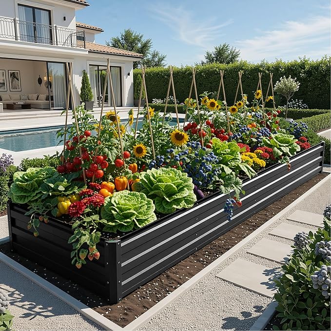 YITAHOME 6pcs 12x4x1 ft Galvanized Raised Garden Bed Kit, Large Metal Planter Box with Gloves, Safety Rubber & Support Rod, Outdoor Flower Bed for Plants Vegetables, Black