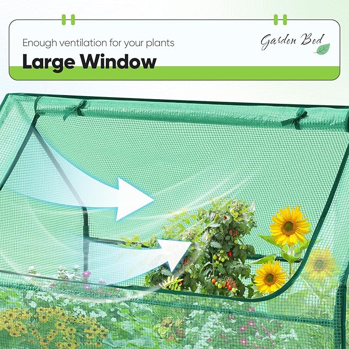 Quictent Raised Garden Bed with Cover Outdoor Galvanized Steel Planter Box Kit with Greenhouse Large Zipper Window Dual Use, 20pcs T-Type Tags & 1 Pair of Gloves Included 4x2.5x1 FT (Green)