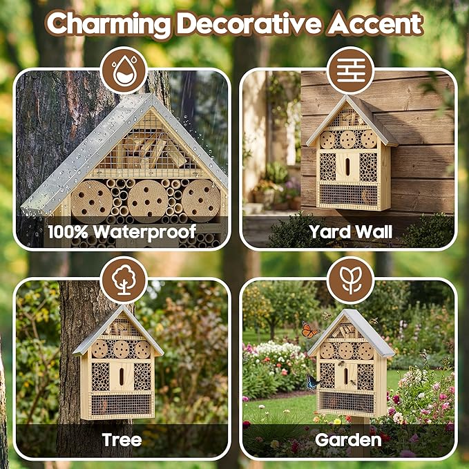 UUMENHA Insect Hotel & Mason Bee House - Butterfly House,Multi-Functional Bee Hotel for Garden, Attract Pollinators,Durable Natural Wood Design,4.13×2.56×10.63 inches