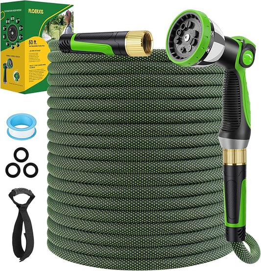 Non-Expandable Garden Hose 50 FT, Lightweight Hose with 10 Function Spray Nozzle, Kink-Free Flexible Water Hose, Durable, Leak-Proof, 360° Swivel Connectors, Portable Storage Strap