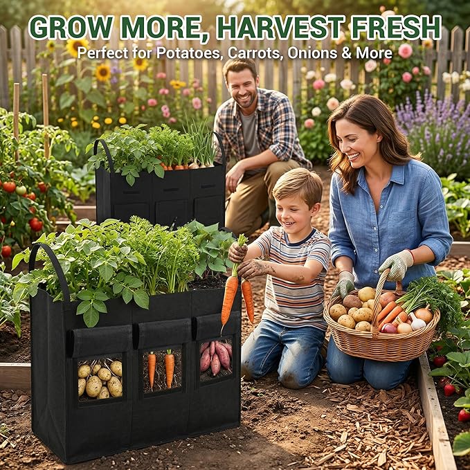 24 Gallon 2 Pack Potato Grow Bags with Visible Harvest Window & Handles, 3-Compartment Nonwoven Fabric Planters Grow Bags for Potatoes, Potato Planter for Growing Tomato, Vegetables, Flower