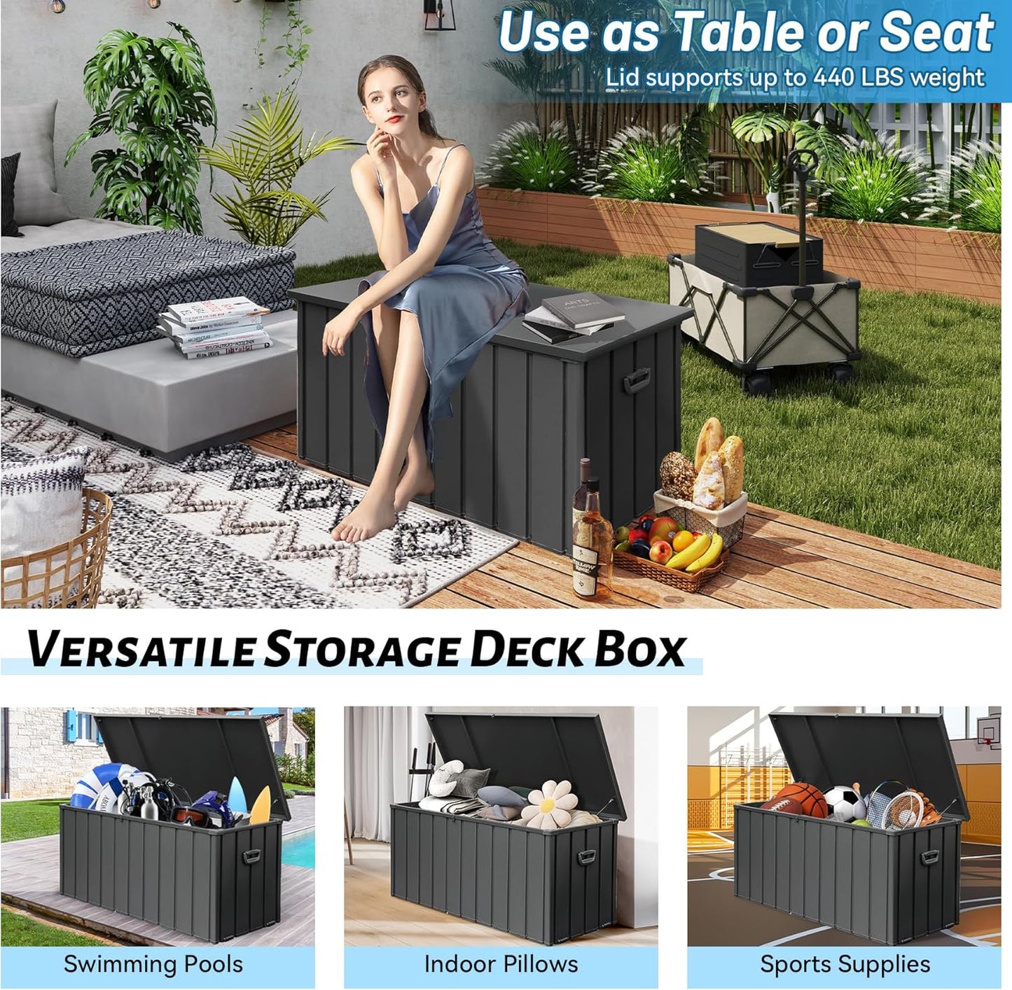 Outdoor Storage Box, 100 Gallon Metal Deck Box Built-in a Oxford Fabric Storage Bag, Lockable & Waterproof Outside Patio Storage Box for Cushions, Tools, Pool Floats- Grey