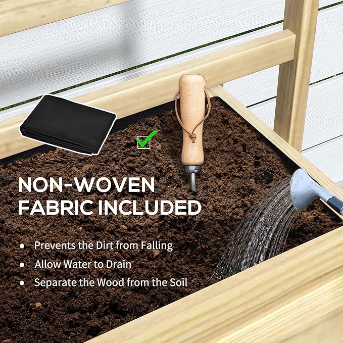 Outsunny Wooden Raised Garden Bed with Trellis, Elevated Planter Box with Storage Shelf, Drainage Holes and Liner, Outdoor Flower Box for Vegetables, Flowers, Herbs