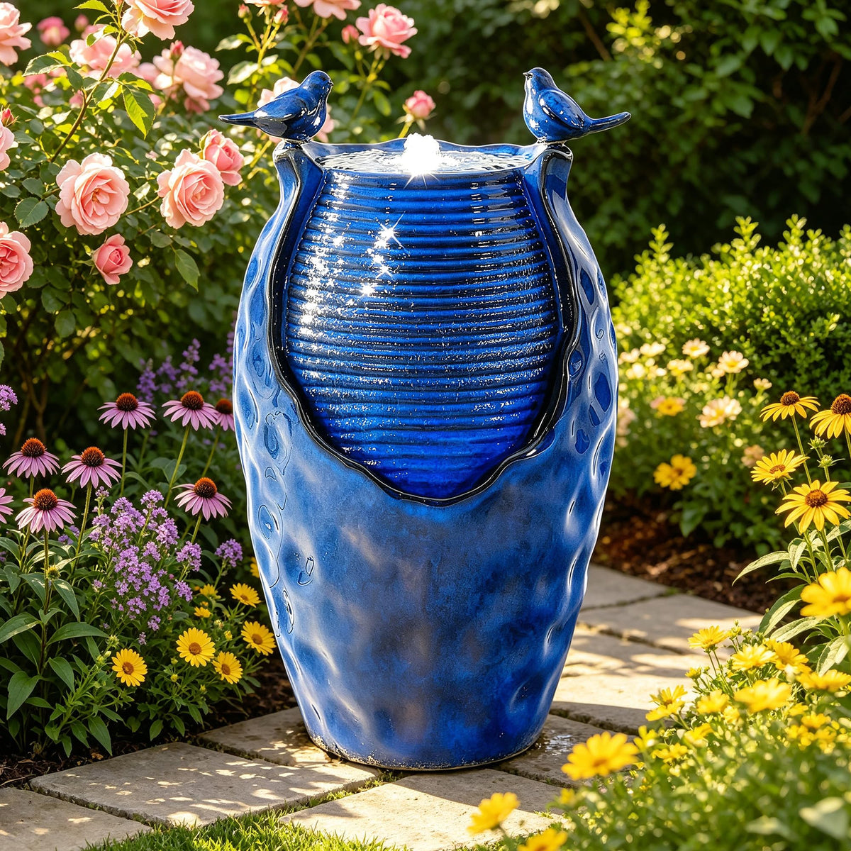 Autodaya 25" Ceramic Jar Outdoor Water Fountain with Hammered Texture (23.5"h-honeycomb Pot Cobalt Blue Glaze)