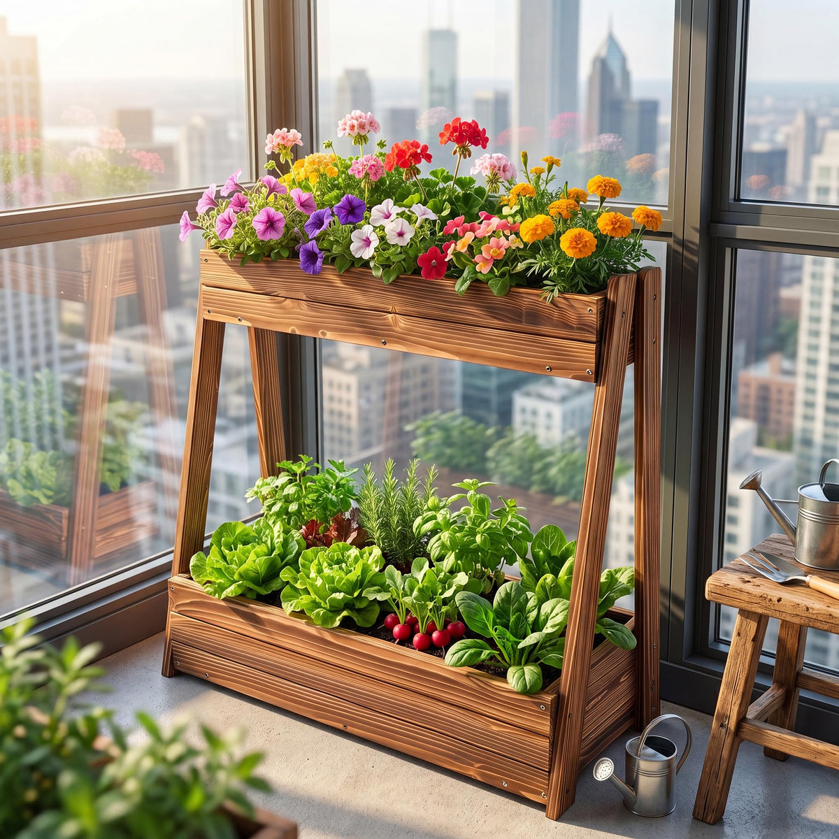 36" 2 Tier Freestanding Elevated Wooden Raised Garden Bed (36" H Garden Bed-carbonized Wood Color)