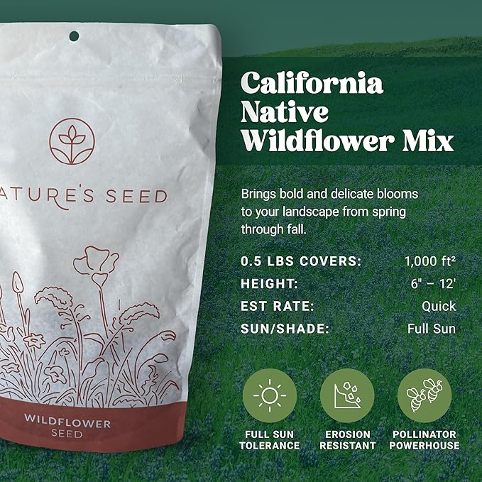 Nature’s Seed California Native Wildflower Seeds Mix Blend, Annual and Perennial, Pollinator-Friendly, 0.5 lbs