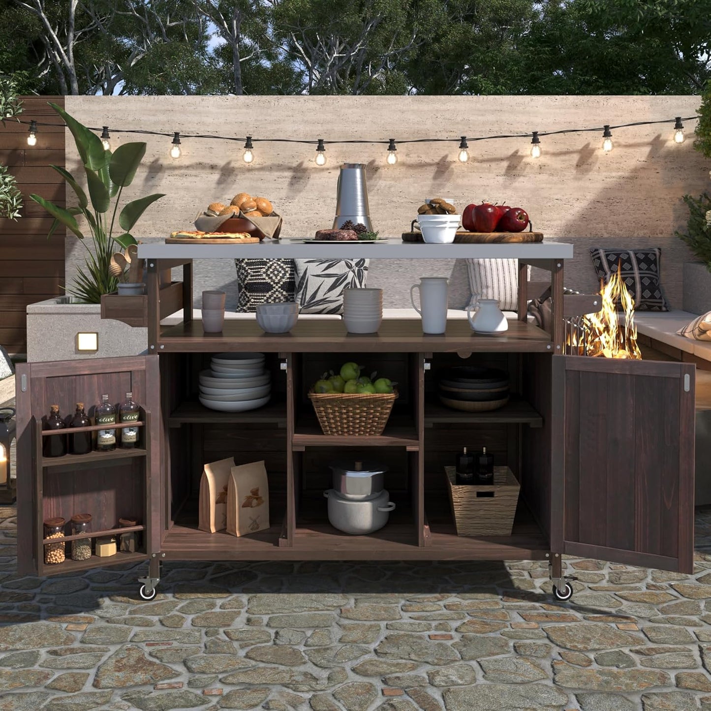 Outdoor Grill Carts for Patio Graden BBQ with Storage Cabinet, Home Rolling Kitchen Island Bar Cart with Stainless Steel Top, Food Prep Table with Shelves, Spice Rack & Towel Holder (Dark Brown)