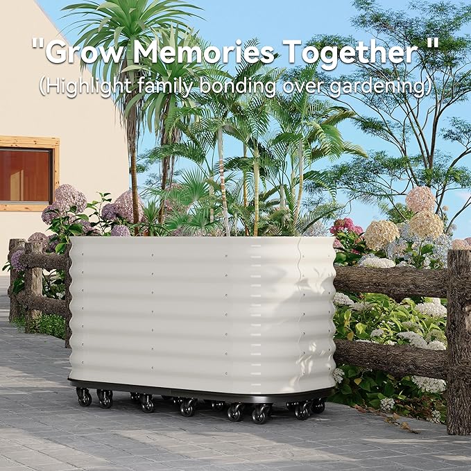 59x24x28 in Galvanized Raised Garden Bed with Wheels & Water Reservoir – Durable Outdoor Planter Box, Elevated Raised Beds for Gardening, Portable Garden Box for Indoor/Outdoor Plants,White