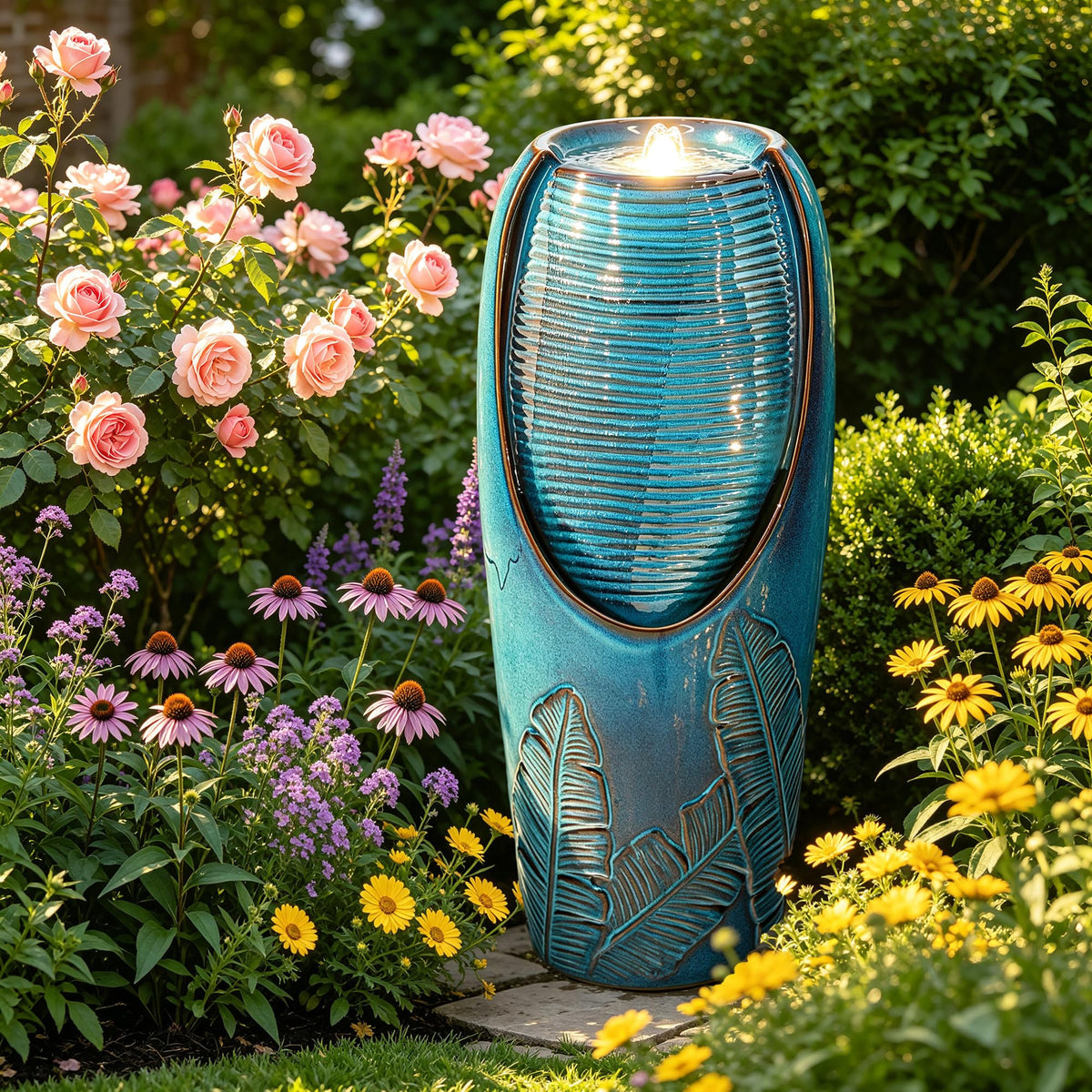 Autodaya 33" H Ceramic Jar Outdoor Water Fountain (32"h-leaf Pattern Teal Blue Glaze)