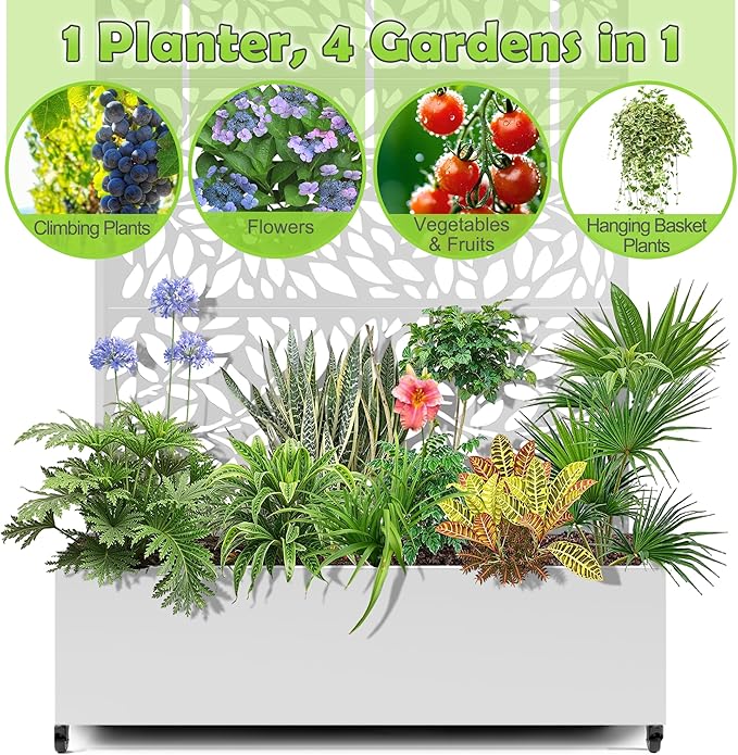 15.7"×70.9"×47.2" Metal Raised Garden Bed with Trellis and Wheels - Tall Trellis Planter Box for Climbing Plants, Vegetables & Vines - Outdoor Privacy Planters for Patio (White)