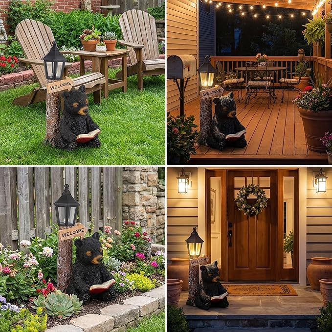 Lyeasw Garden Statues Bears, Solar Reading Bear Statue with Welcome Sign Decor, Bear Figurine Lights for Outside, Patio, Lawn, Garden Decor Birthday Housewarming for Women, Mom