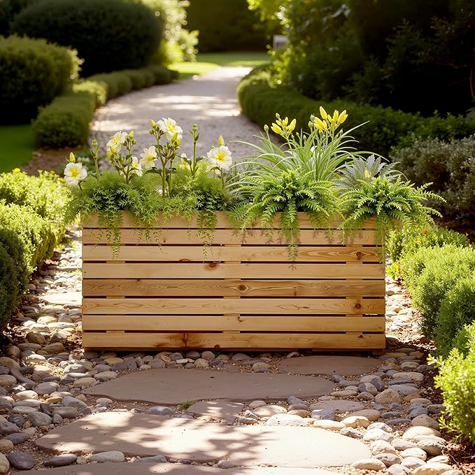 Rectangular Planters for Outdoor Plants, Large Planter Box with Drainage Holes, Metal Balck Palnters for Patio, Garden (32" L x 15" W x 16" H, Walnut Wood Grain)