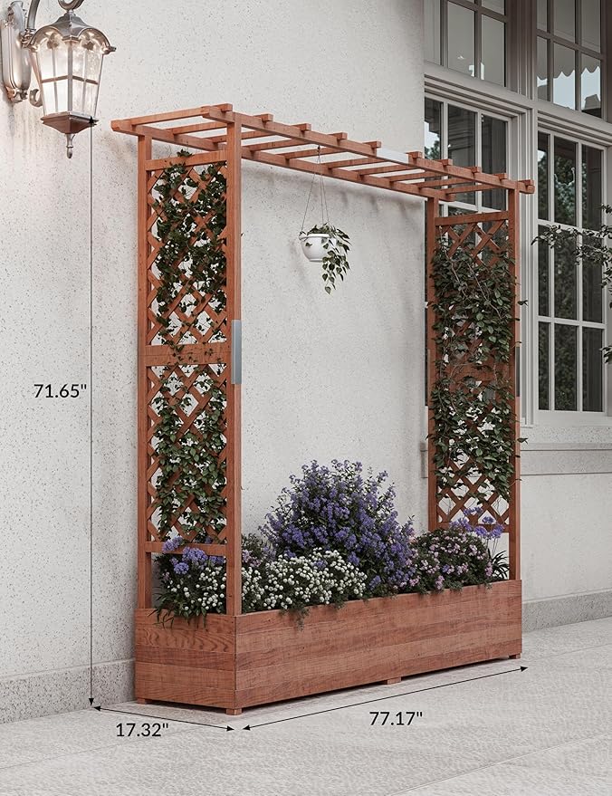 GarveeLife Raised Garden Bed with Trellis, 72 in Wood Planter Box with Side Trellis, Hanging Roof, and 4 Drainage Holes, Freestanding Elevated Garden Bed for Climbing Plants, Vines, Flowers