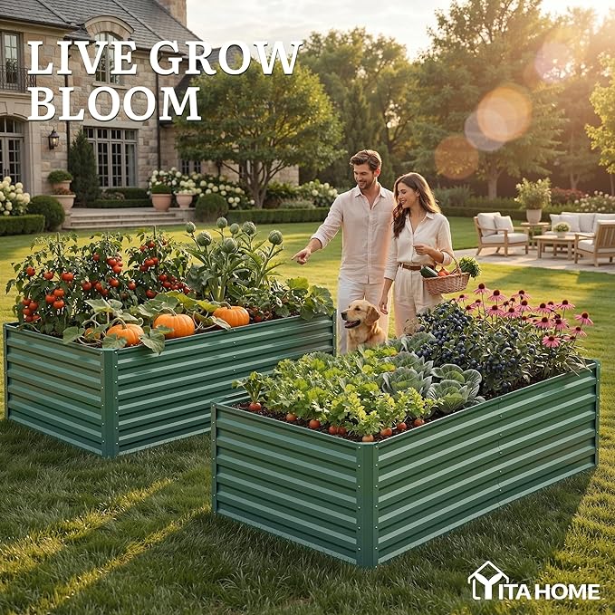 YITAHOME 6pcs 6x3x2 ft Galvanized Raised Garden Bed Kit, Large Metal Planter Box with Gloves & Support Rod, Outdoor Flower Bed for Plants Vegetables, Green