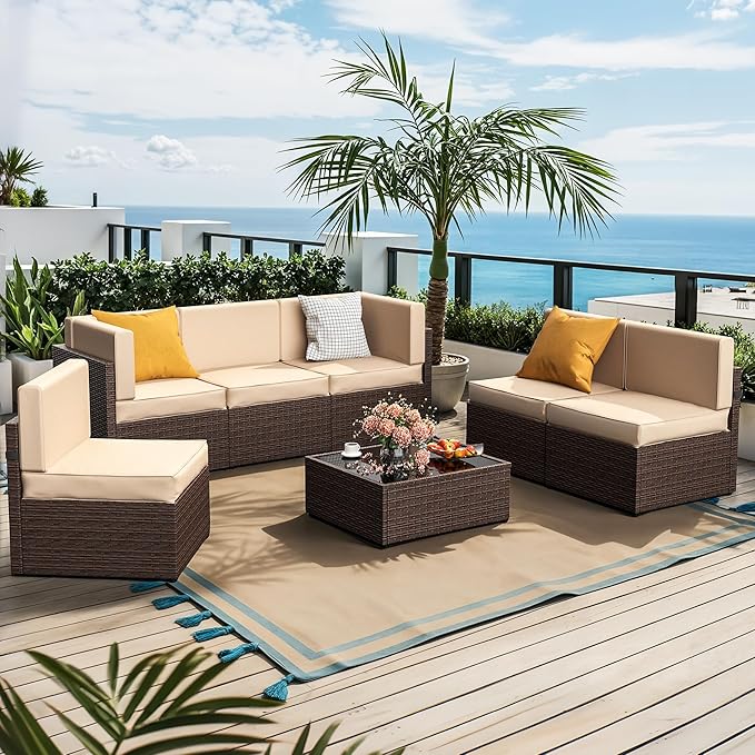 Pamapic Patio Furniture Set, 7 Pieces Modular Outdoor Sectional, Patio Sectional Sofa Conversation Set, Rattan Sofa with Coffee Table and Washable Cushions Covers (Brown Sugar)
