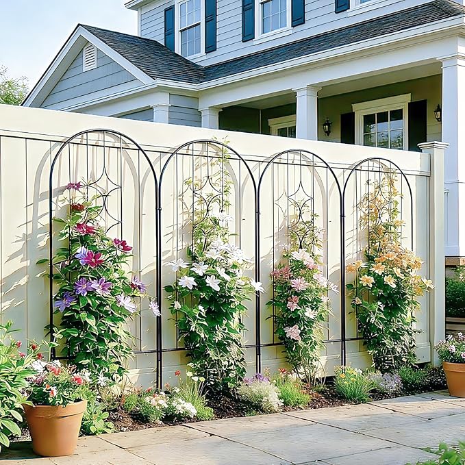 4 Pack Arched Metal Garden Trellis for Climbing Plants 45" H x 15.9" W, Rustproof Iron Trellis with Decorative Scrollwork, Perfect for Roses, Vines, and Flower Beds