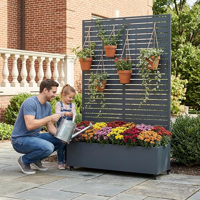 Casaphoria Metal Raised Garden Bed with Trellis and Wheels, 72"x47"x16" Planter Box for Climbing Plants, Vegetables & Vines, Features Drainage Holes and Privacy Screen, Drakgrey-Louvered