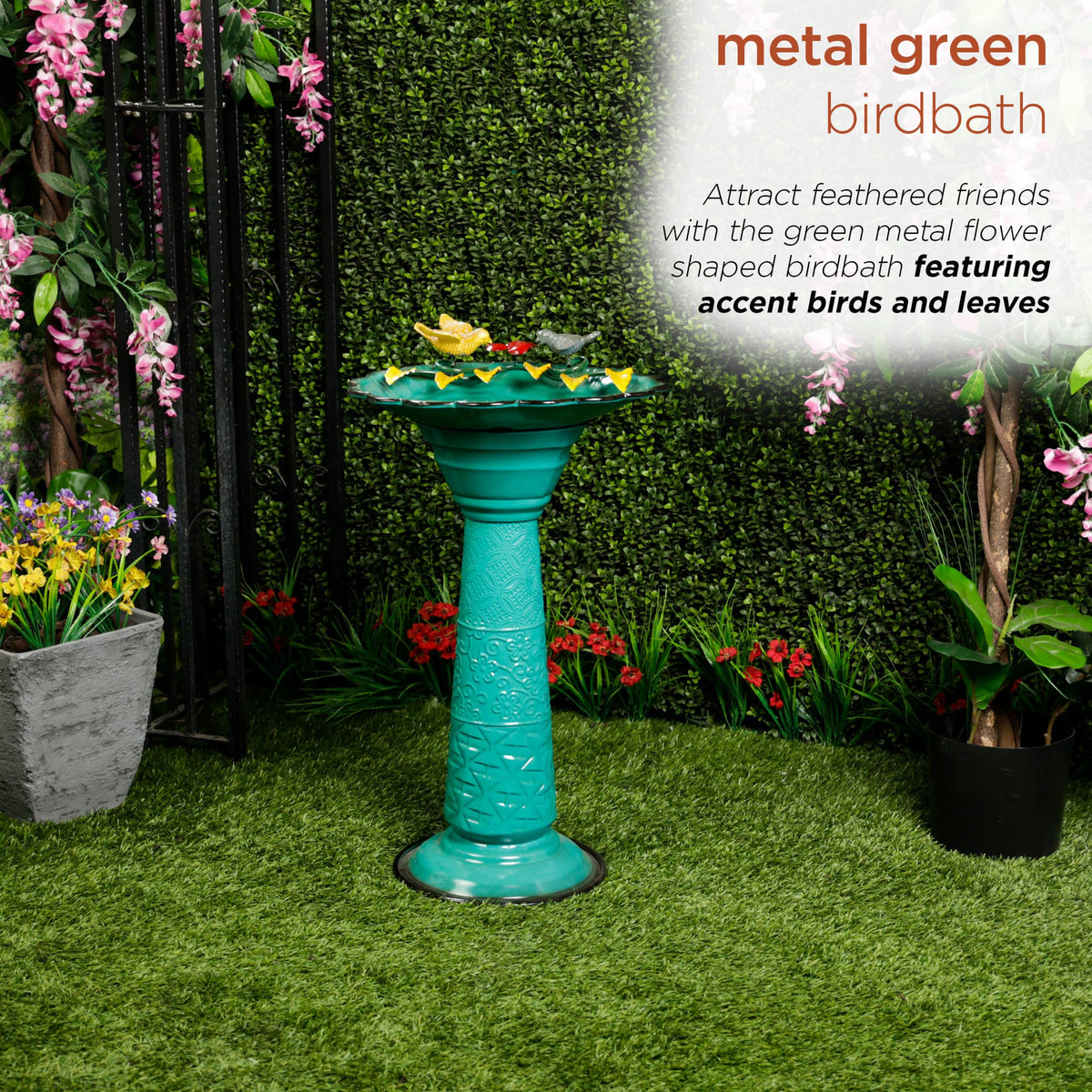 ORS112GN Vintage Metal Pedestal Birdbath with Stand (Green)