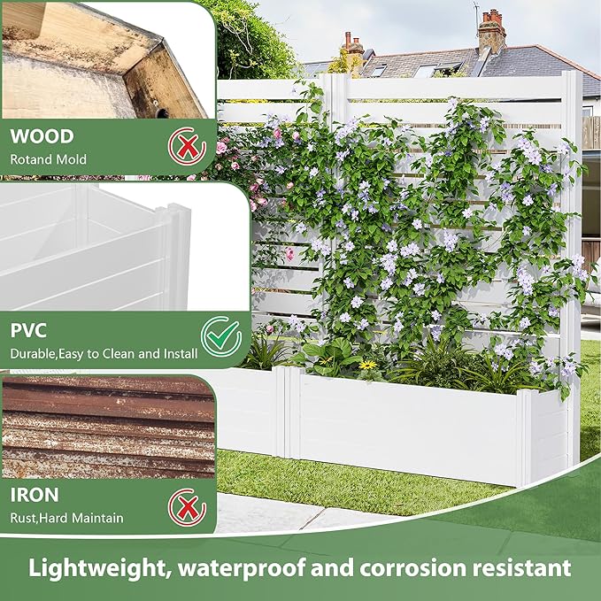 Casaphoria Raised Garden Bed with Trellis, 59"x30"x12" Planter Box with Open Bottom for Gardening Vegetables & Vines and Climbing Plants, White
