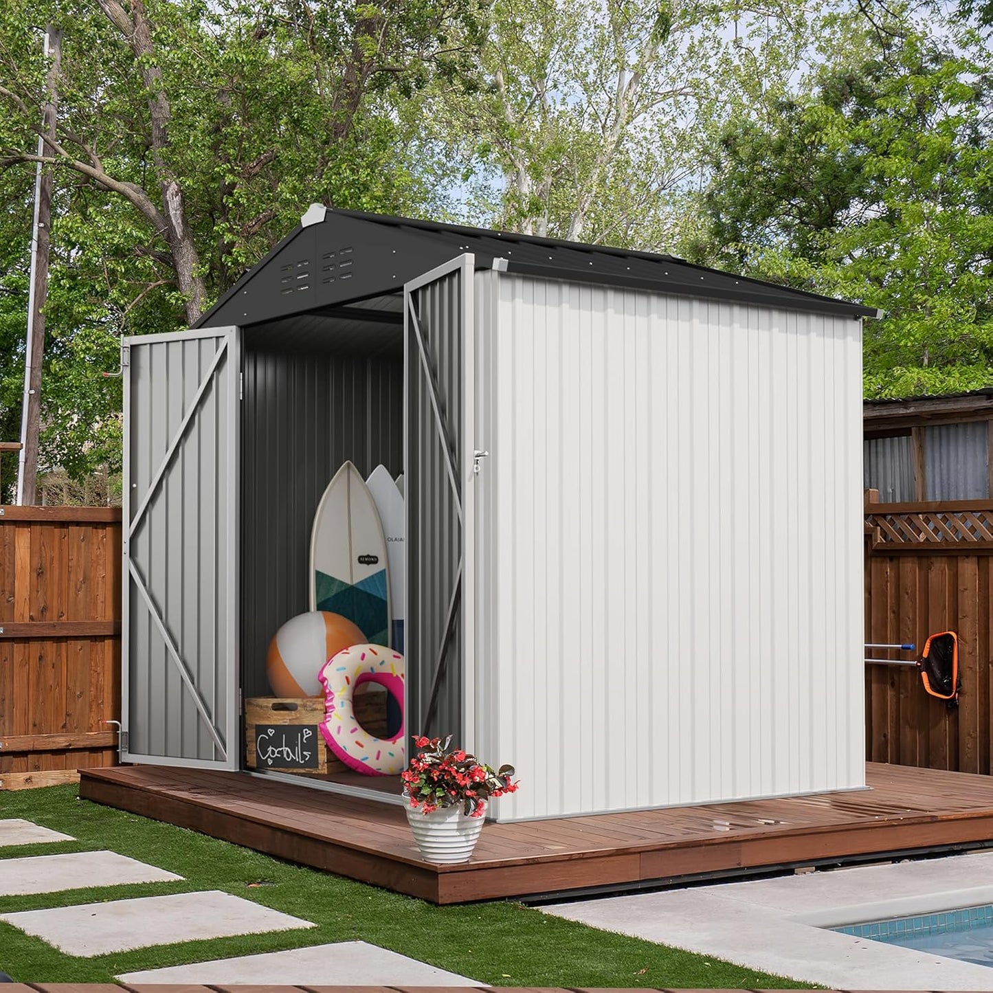 Devoko Outdoor Storage Shed 8 x 6 FT Lockable Metal Garden Shed Steel Anti-Corrosion Storage House with Single Lockable Door for Backyard Outdoor Patio (White)