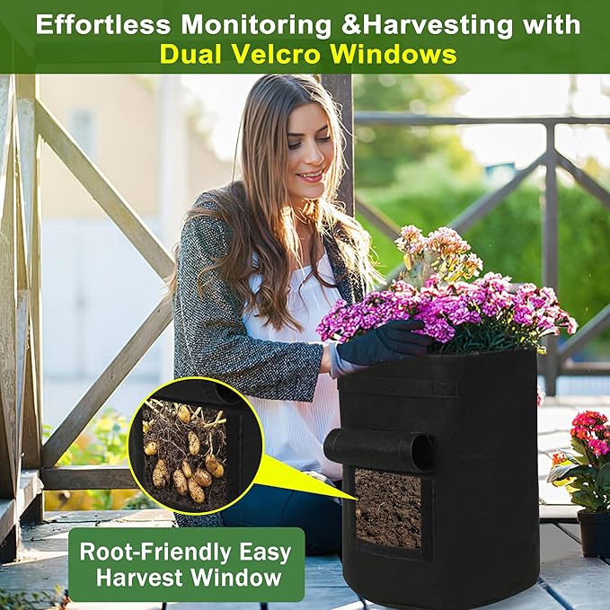 Potato Grow Bags, 2-Pack 15-Gallon Grow Bags with 2 Flaps and Reinforced Handles, Heavy-Duty Thickened 500G Aeration Fabric Pots for Potatoes, Tomatoes, Flowers, and Vegetables