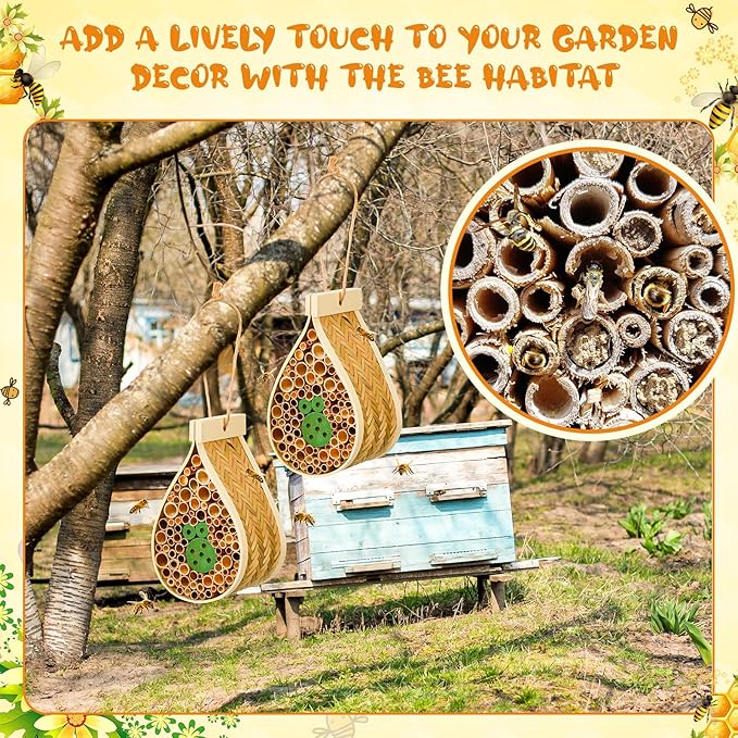 2 Pcs Mason Bee House Hanging Bee Hives Wild Pollinator Bamboo Mason Bee Habitat Hotel with Tubes Beekeeping Supplies for Enhance Garden Productivity(Water Drop)