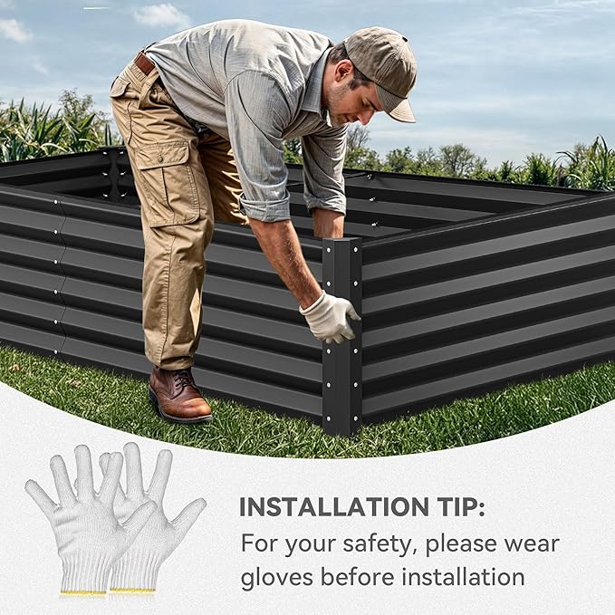 YITAHOME 2pcs 8x4x1.5 ft Galvanized Raised Garden Bed Kit, Large Metal Planter Box with Gloves, Safety Rubber & Support Rod, Outdoor Flower Bed for Plants Vegetables, Black