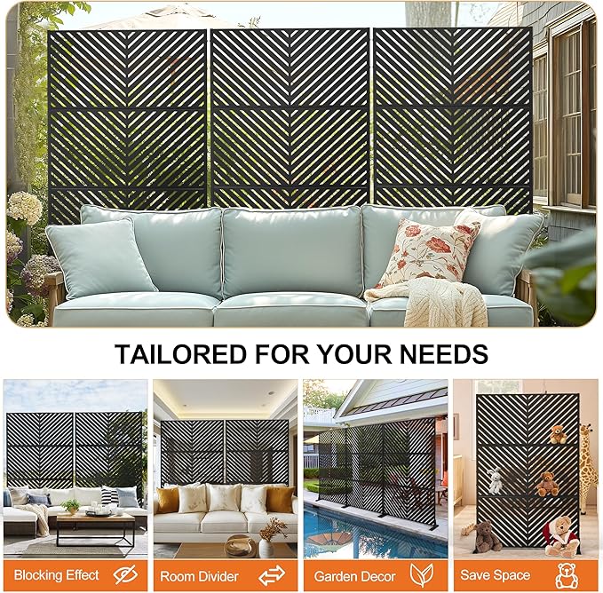 Metal Privacy Screen Outdoor, 71" H×47" W Privacy Fences and Panels for Patio Yard Deck, Freestanding Screens & Trellis, Weather Resistant (Black Parallel, 3 Panels)
