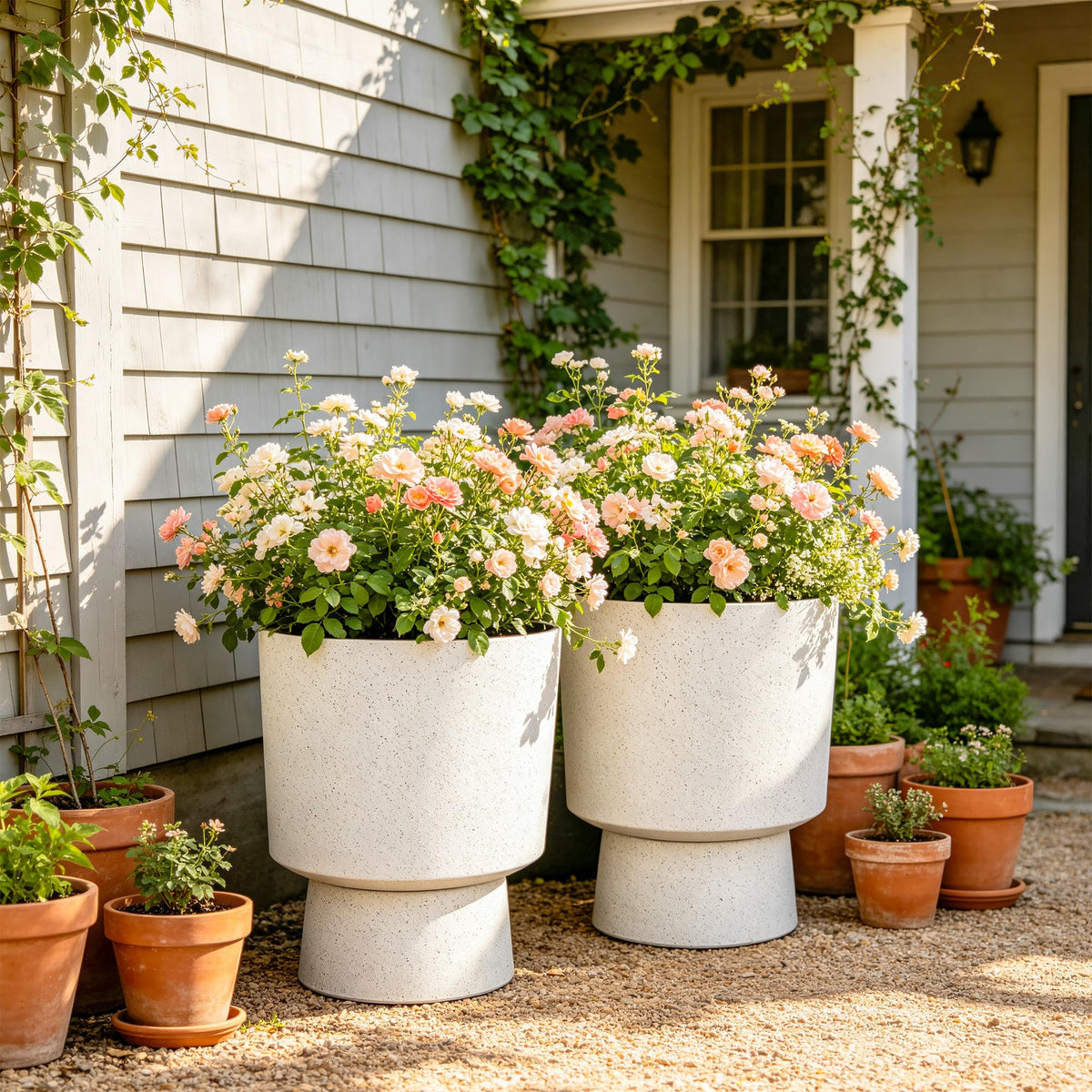 2 Pack 16.75" White Terrazzo Urn Planters with Detachable Bases (2 Count)