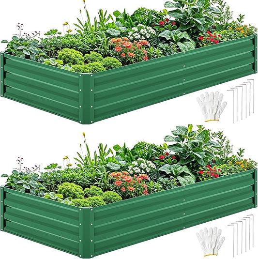 DWVO 2pcs 6 x 3 x 1 FT Raised Garden Bed Kit, Outdoor Galvanized Flower Bed with Gloves, Large Metal Planter Box for Vegetables, Flowers, Herbs, Fruits, Green