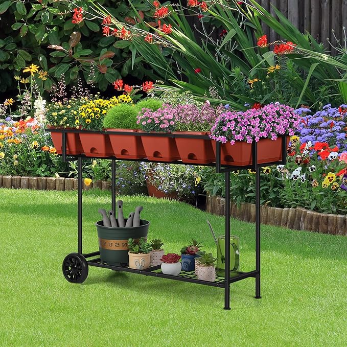 Vrisa Elevated Raised Garden Bed Outdoor with Legs 43x17x29 in Plastic Standing Planter Box with Storage Shelf and Wheels Vegetables Herbs Flowers Gardening Boxes for Backyard, Patio, Balcony, Black