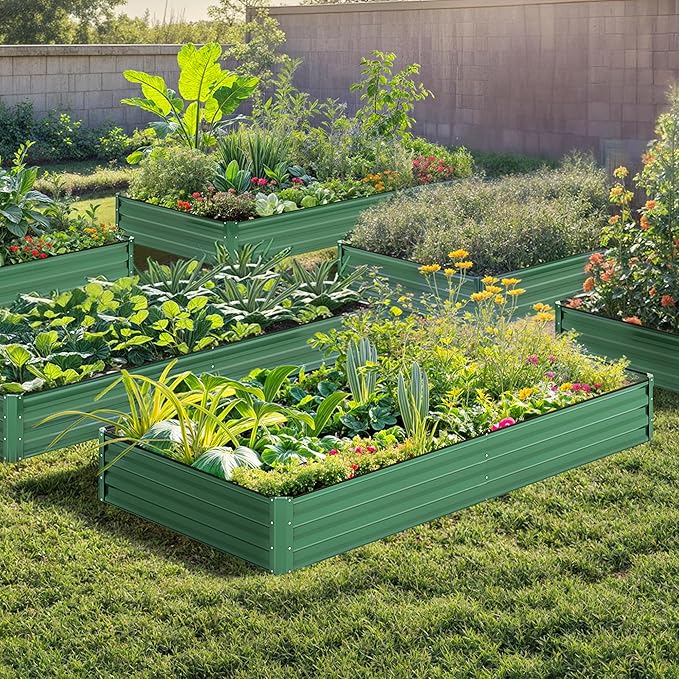 DWVO 2pcs 8 x 4 x 1 FT Raised Garden Bed Kit, Outdoor Galvanized Flower Bed with Safety Rubber and Gloves, Large Metal Planter Box for Vegetables, Flowers, Herbs, Fruits, Green