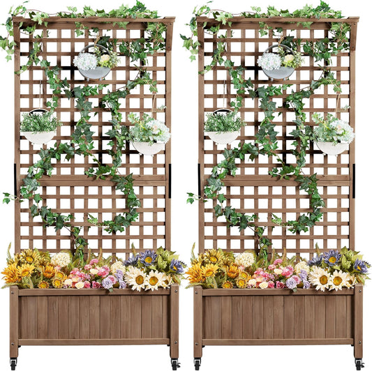 Yaheetech 72" H Garden Planter with Trellis for Vine Climbing Horticultural Plants, Outdoor Raised Box with Drainage Holes, Raised Garden Bed for Flowers, Dark Brown, 2pcs