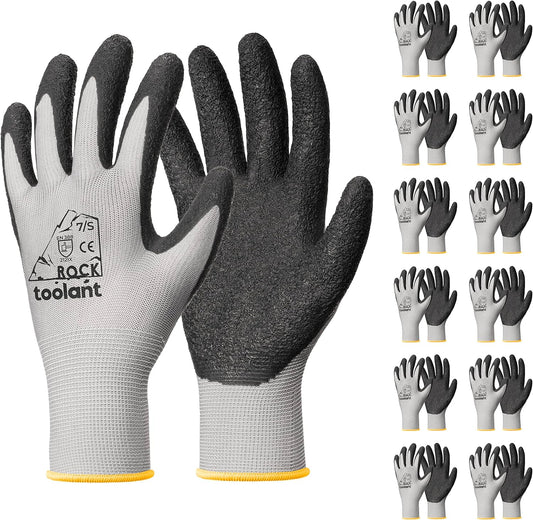 toolant Crinkle Latex Work Gloves Bulk, Rubber Coated Safety Work Gloves for Men and Women, 12 Pairs for Construction, Gardening, Warehouse (Gray, Small)
