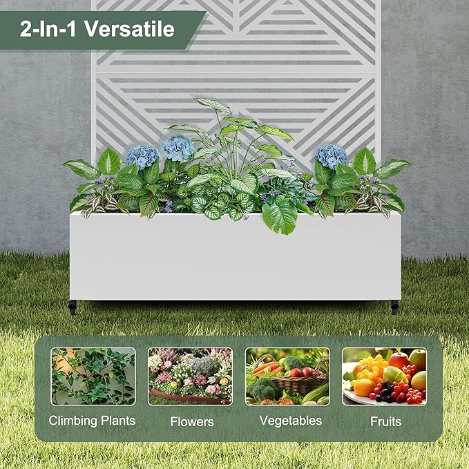 Standing Metal Planter Box with Trellis and Wheels for Climbing Plants, Raised Garden Beds with Drainage Holes, 47" L×16" W×71" H Privacy Boxes with Trellis (White Zodiac)