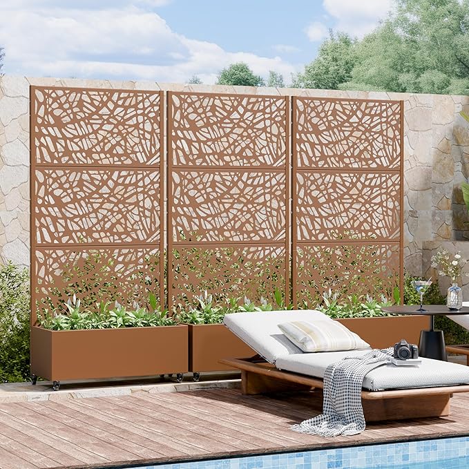 Casaphoria Metal Raised Garden Bed with Trellis and Wheels, 72"x35"x16" Planter Box for Climbing Plants, Vegetables & Vines, Features Drainage Holes and Privacy Screen, Brown-Net