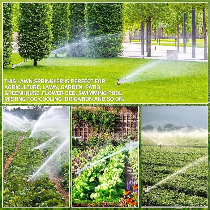 1.5in Impact Sprinkler, 360°Adjustable Long Range Water Irrigation Spray Tool Kit with Replacement Nozzle for Farms, Orchards, Tea Gard