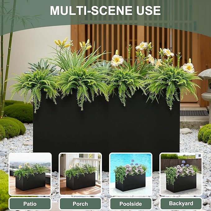 32" L x 10" W x 16" H Metal Rectangular Planters, Long Outdoor Planter Box, Black Rectangle Planter for Front Porch, Garden, with Drainage Holes, All Weather Use (No Insert Shelf)